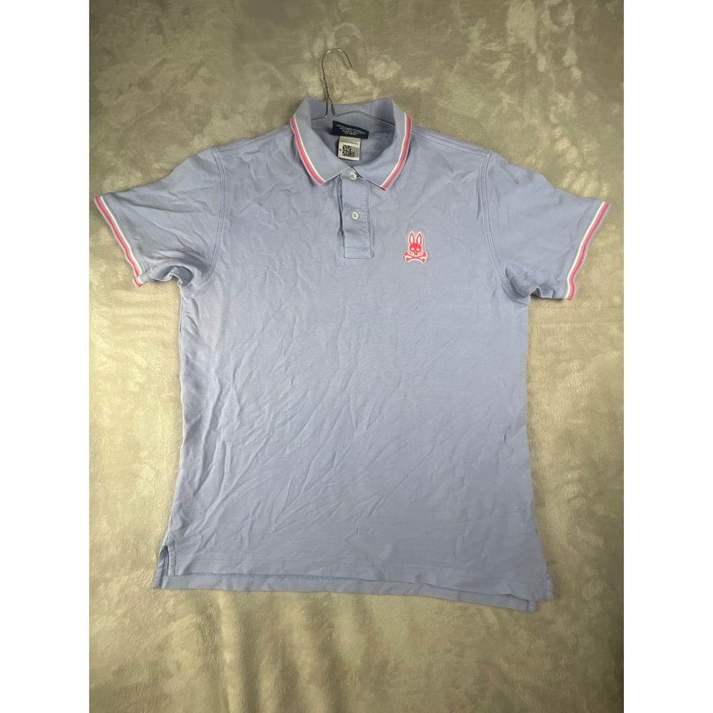 Psycho Bunny Mens Pima Cotton Polo Shirt Light Blue Pink Tipped Size 6 L